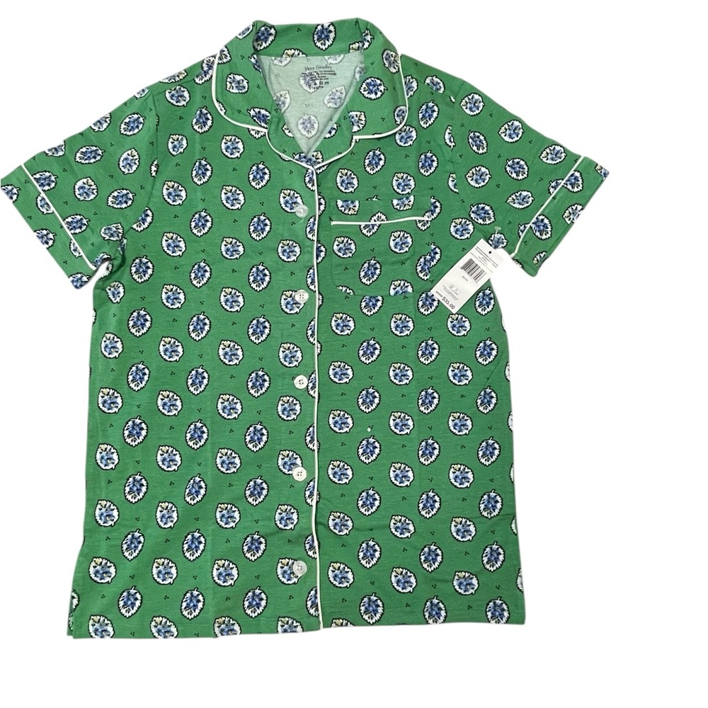 Vera Bradley Cotton Pajama Short Sleeve Button-Up Shirt Garden Green Leaf XS
